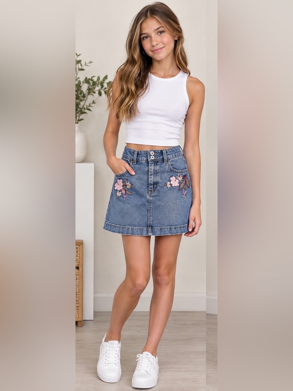 abercrombie kids Blue Denim Mini Skirt with Pink Floral Embroidery
